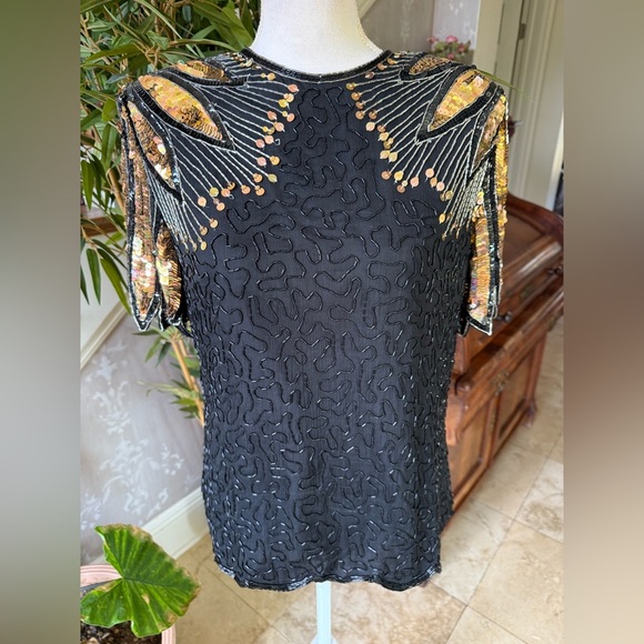 Lawrence Kazar ladies sequin beaded short sleeve top large, very good condition - Picture 7 of 16